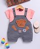Jb Club Cotton Knit Teddy Bear Patch Embroidered Dungaree With Half Sleeves Tee Set - Peach