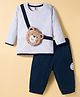 ToffyHouse Interlock Woven Full Sleeves T-Shirt & Lounge Pant Set With Teddy Bear Applique - Off White & Navy Blue
