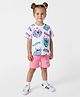 Bonfino Disney Single Jersey Knit Oversize Drop Shoulder Half Sleeves T-Shirt and Shorts Set with Stitch Graphic - White & Pink