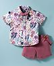 ToffyHouse Cotton Woven Half Sleeves Floral Printed Party Shirt & Shorts Set With Bow & Suspender - Mauve