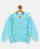 JWAAQ Cotton Knit Full Sleeves Schiffli Embroidered Frill Detailed Sweater - Sky Blue