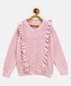 JWAAQ Cotton Knit Full Sleeves Schiffli Embroidered Frill Detailed Sweater - Pink