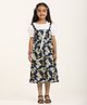 Zion Cotton Woven Half Puffed Sleeves Floral & Tropical Leaves Printed Dress With Sling Bag - Navy Blue