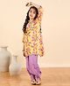 StyloBug Woven Three Fourth Sleeves Floral Printed Gota Lace Embellished Kurti & Harem Pant Set - Yellow