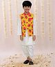 Lil' Drama Knit Full Sleeves Solid Dhoti & Kurta With Floral Printed Jacket Set - White & Mustard