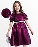 Hola Bonita Woven Ruched Half Sleeves Shimmer Party Dress with Floral Applique & Belt - Wine