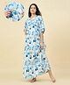 The Kaftan Company Cotton Woven Three Fourth Sleeves Abstract Printed Maternity Nighty With Concealed Zipper Nursing Access - Blue
