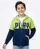 Pine Kids Knit Full Sleeves Hooded Sweatjacket with Play Text Print & Kangaroo Pockets - Navy Blue & Limegreen
