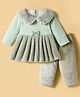 Mom's pet Fur Knit Full Sleeves Bow Applique Detailed Pleated Heavy Winter Dress With Leggings - Sea Green