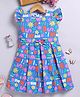 TOONYPORT Cotton Knit Frill Sleeves Wobbly Alphabets Printed Bow Applique Detailed Dress - Blue