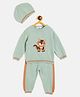 JWAAQ Cotton Knit Full Sleeves Cute Squirel Designed Sweater & Pant With Cap Set - Green