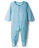 Kookie Kids Interlock Knit Full Sleeves Footed Front Open Striped Sleep Suit - Light Blue