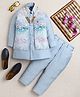 Ahhaaaa Viscose Woven Full Sleeves Solid Kurta Pant With Floral Printed Nehru Jacket & Mala Set - Blue
