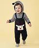 Mark & Mia Fleece Knit Full Sleeves Winter Wear Hooded Stripes Rompers with Animal Applique Detailing - Black