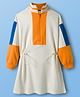 Pine Kids Cotton Knit Full Drop Shoulder Sleeves Winter Frock with Color Block Design - Marshmallow White & Yellow
