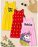 KUCHIPOO Cotton Blend Knit Pack Of 3 Sleeveless Unicorn & Typography Printed Dresses - Red Yellow & Pink