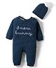 Yellow Apple Knit Raglan Sleeves Romper with Cap & Text Embroidery - Navy Blue