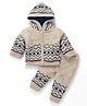 Yellow Apple Knit Full Sleeves Hooded Sweater Set With Aztec Design - Beige