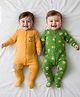 Babyoye 100% Cotton Knit Eco Jiva Full Sleeves Footed Sleep Suits with Animal Print Pack of 2 - Green & Mustard