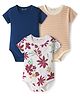 Kookie Kids Interlock Knit Half Sleeves Onesies with Stripes & Floral Print Pack of 3 - Navy Blue Beige & White