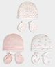 Mi Arcus 100% Cotton Pack Of 3 Floral & Butterflies Designed Caps & Coordinating Mittens Set - 34 Cms - Pink & White