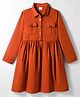 Kookie Kids Cotton Woven Full Sleeves Collared Shirt Dress with Front Buttons & Pockets - Rust Orange