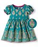 EARTHY TOUCH Single Jersey Knit Half Puffed Sleeves Floral Glitter Printed Ethnic Dress - Teal Blue