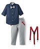 Rikidoos Full Sleeves Solid Shirt & Checked Pant With Bow & Suspender Set - Navy Blue & Grey