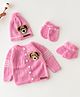 The Original Knit Knit Full Sleeves Teddy Bear Designed Sweater With Cap Mittens & Socks Set - Baby Pink