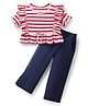 CrayonFlakes Cotton Knit Half Peasant Sleeves Striped Crop Top With Pant Set - White Red & Blue