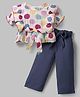 CrayonFlakes Rayon Knit Half Peasant Sleeves Polka Dots Printed Crop Top With Pant Set - Off White & Blue