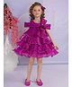 Lagorii Organza Woven Cold Shoulder Sleeves Rhinetones Embellished & Bow Applique Detailed Layered Dress - Fuchsia