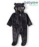 Babyoye Fur Knit Solid Dyed Full Sleeves Hooded Footed Sleepsuit with Ear Applique - Navy Blue