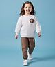 Mark & Mia Full Sleeves Winter Wear T-Shirt & Joggers Set With Floral Applique - White & Brown