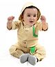 MASHUP Cotton Woven Full Sleeves Dinosaur Applique Detailed Hooded Shirt Pant With Inner Tee Set - Khaki