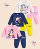 KUCHIPOO Cotton Blend Knit Pack Of 3 Full Sleeves Unicorn & Typography Printed Tees & Joggers Set - Pink Navy Blue White & Yellow