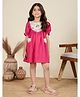 Tiny Twills Linen Woven Half Puffed Sleeves Floral Embroidered Dress - Burgundy