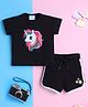 Knitting Doodles Pure Cotton Knit Half Sleeves Unicorn Printed Tee & Shorts Set - Black