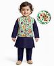 EARTHY TOUCH Woven Full Sleeves Kurta Pajama Set with Jacket & Floral Glitter Print - Navy Blue