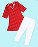 Kiddopanti Rayon Woven Three Fourth Sleeves Bandhani Printed  Floral Lace Embellished Kurti & Legging Set  - Red & White