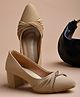 Shoetopia  Ruched Vamp & Rhinestone Embellished Block Heels - Beige