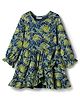 CrayonFlakes Cotton Knit Full Peasant Sleeves Abstract Printed Ruffle Detailed Dress - Navy Blue