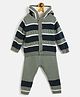 JWAAQ Cotton Knit Full Sleeves Striped & Fur Detailed Coordinating Hooded Sweater With Joggers Set - Navy Blue