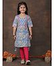 Kinder Kids Cotton Woven Three Fourth Sleeves Floral Printed Gota Lace Embellished Kurti & Leggings Set - Blue
