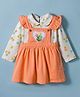 WOW Clothes Cotton Knit Frock & Full Sleeves Inner Tee With Floral Embroidery & Butterfly Print - Orange & White