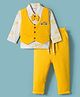 WOW Clothes Cotton Knit Full Sleeves Car Printed 3 Piece Party Suit With Bow Applique - Golden & White