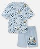 Nap Chief Pure Cotton Knit Peanuts Featuring Half Sleeves Snoopy & Paisley Printed Oversized Tee & Shorts Set - Light Blue