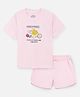 Nap Chief Pure Cotton Knit Smiley World Featuring Half Sleeves Typography Printed Relaxed Fit Tee & Shorts Set - Pink