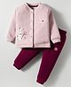Little Darlings Fleece Knit Winter Wear Night Suit With Bunny & Floral Embroidery - Pink