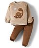 Little Darlings Velvet Knit Full Sleeves Winter Wear Suits with Dino Embroidery - Brown